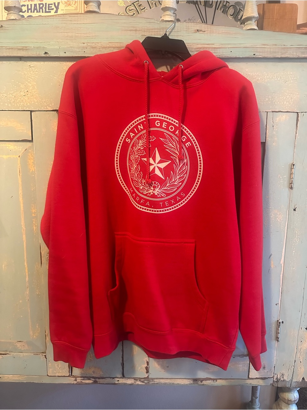 Saint George Hotel Red Hooded Sweatshirt - Marfa, Texas Graphic - Picture 4 of 5